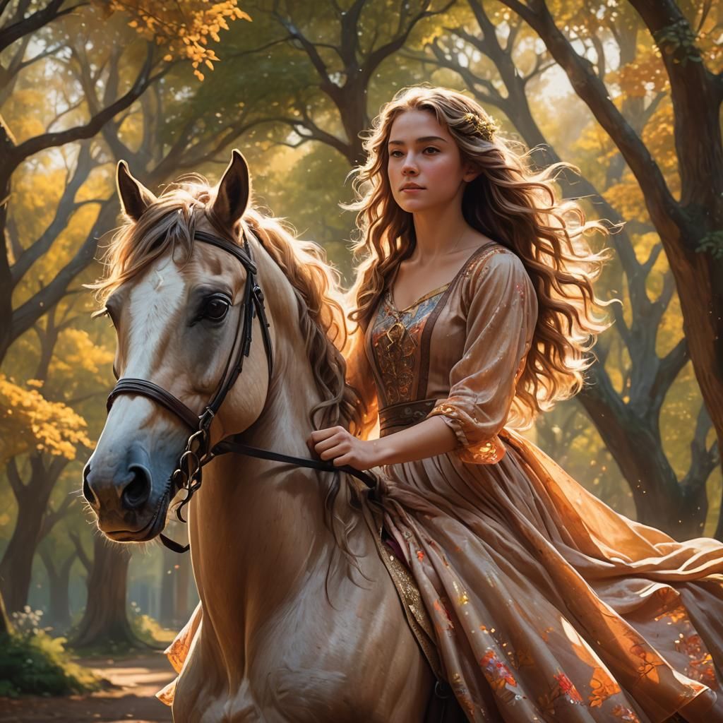 Girl Riding Flowing Mane Horse in Fantasy Art
