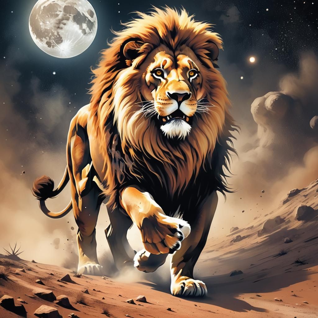 Lion on the Moon in Science Fiction Style