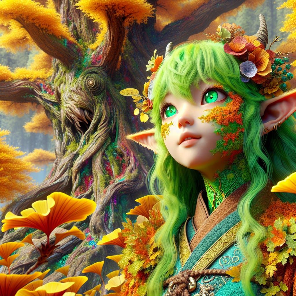 Anime Satyr Girl Gazing at Ginkgo Tree