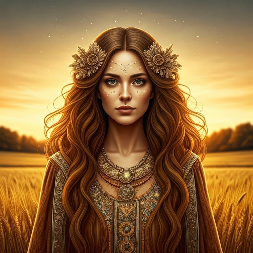 Mystical Virgo Goddess in Earthy Embroidered Harmony