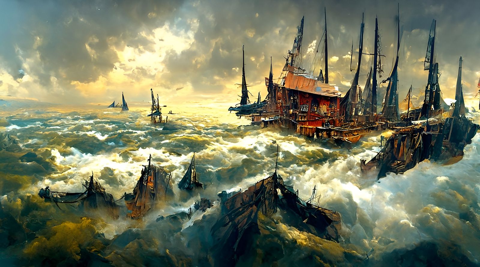 Pirate Ships Sailing in Storm, Detailed Digital Painting