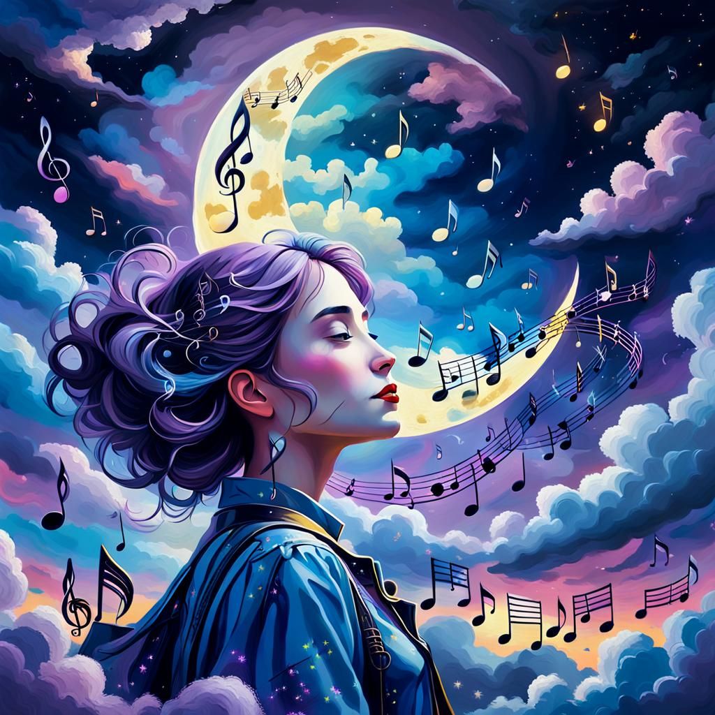Musical Notes Dance Around the Moon in Oil Painting