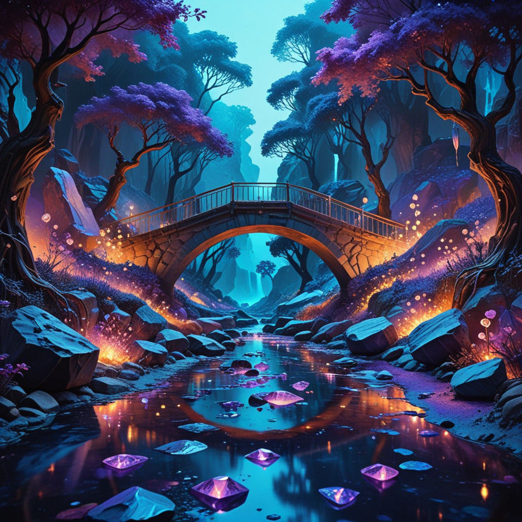 Dreamlike Amethyst Cityscape with Surreal Creek