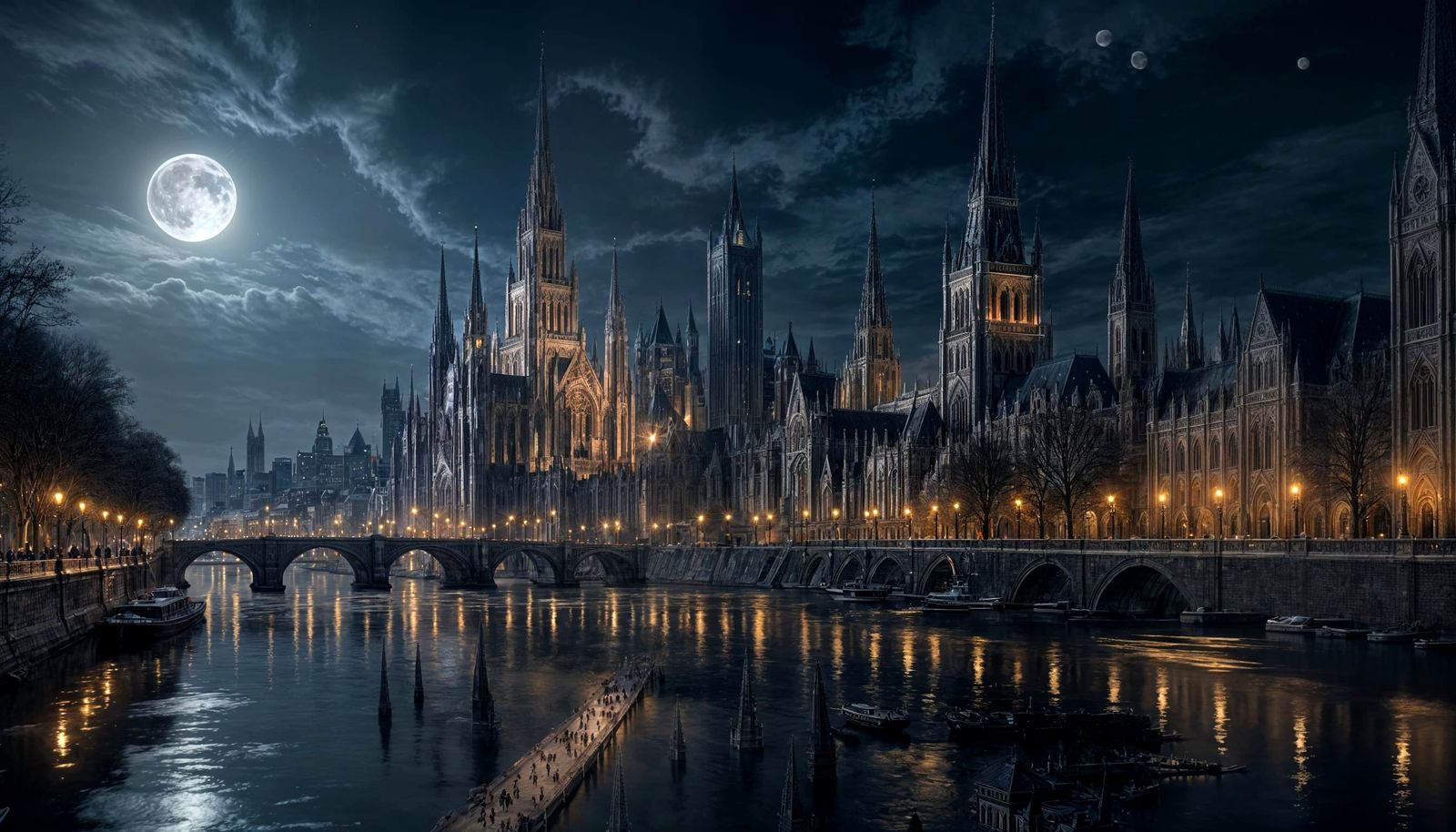 Majestic Moonlit City Skyline in Dramatic Light