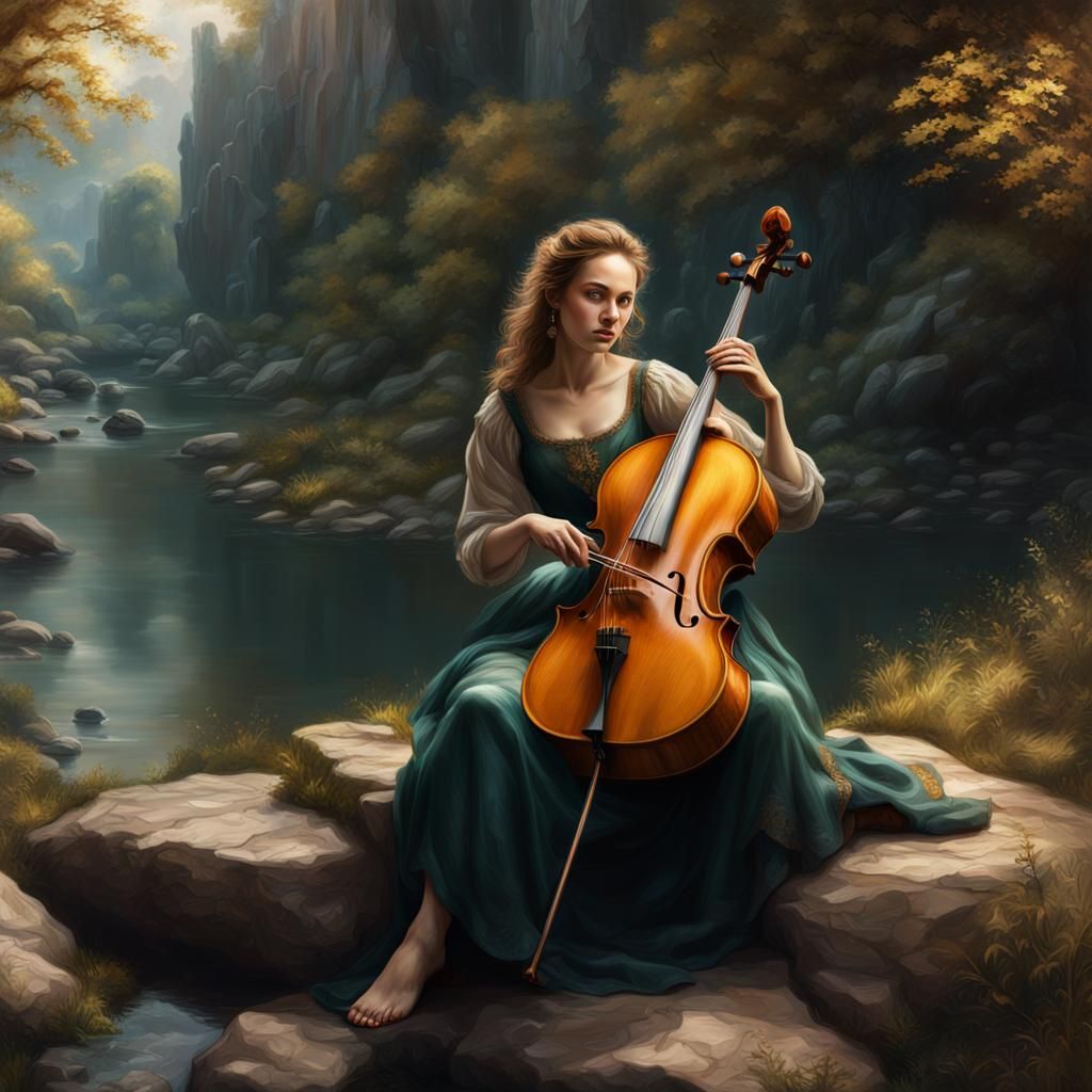 Rembrandt-Style Woman Playing Cello in Nature