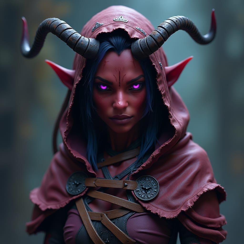 Tiefling Rogue in Hooded Cloak: Fantasy Concept Art