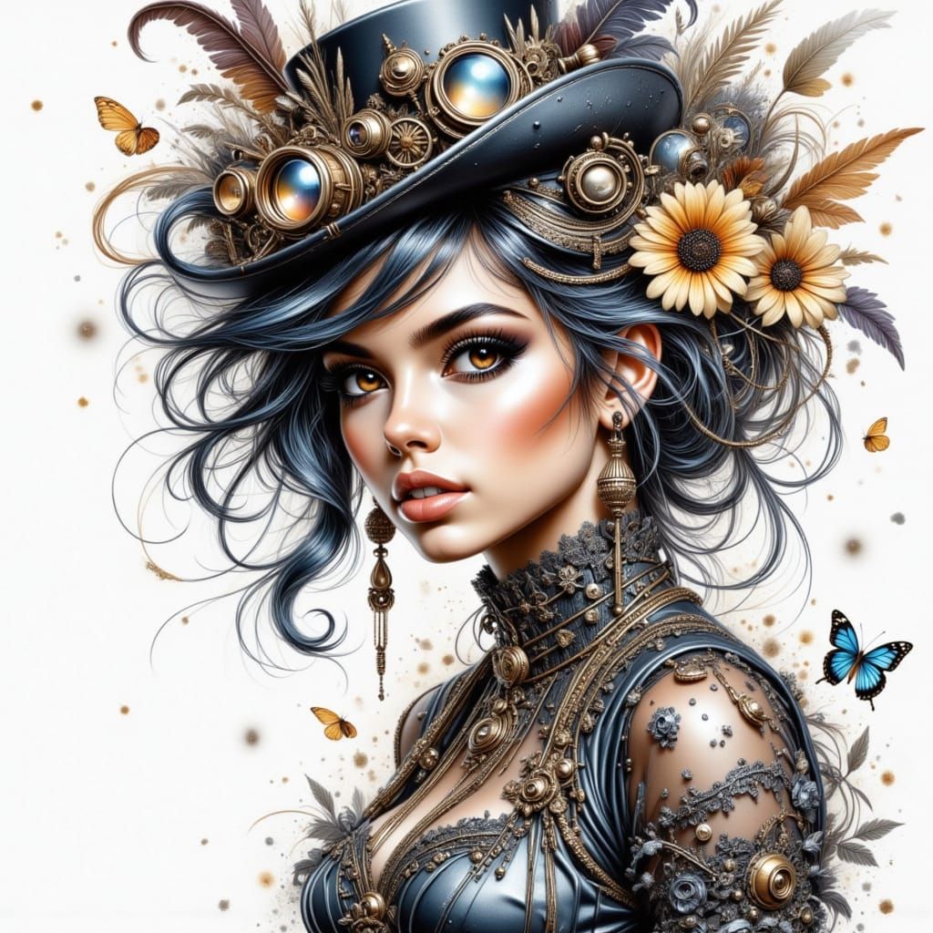 Steampunk Girl with Fractals in Watercolor Style