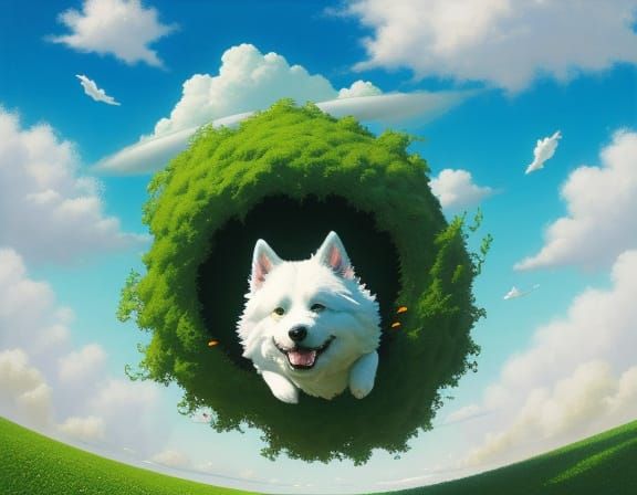 Dreamlike Dog Jumps Over Vibrant Carpet in Surreal Oil Paint...