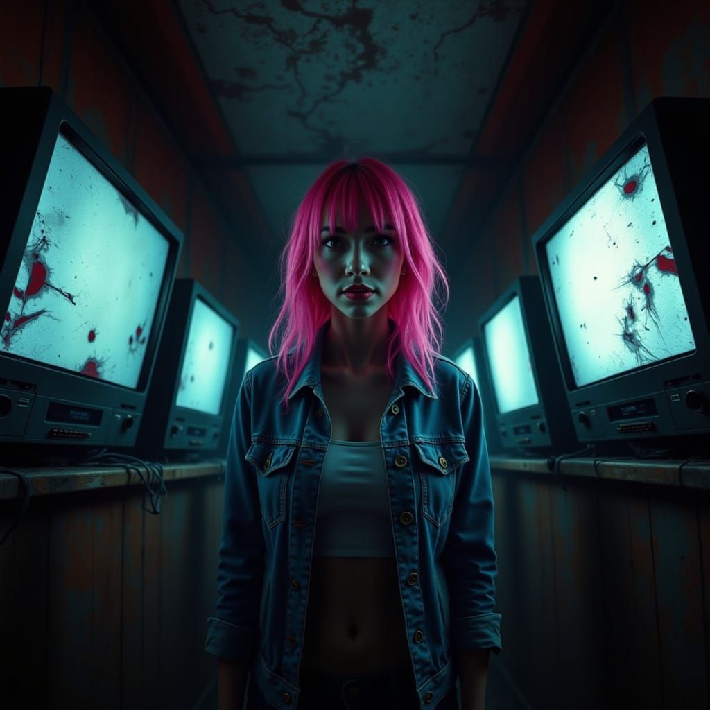Woman in Pink Hair Trance, Haunted by Static Televisions
