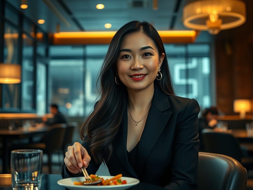Chinese CFO at Lunch in Cinematic Film Style