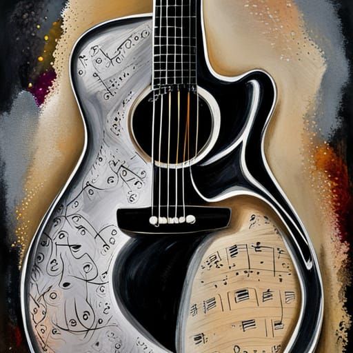 Guitar with Musical Notes in Gouache Style