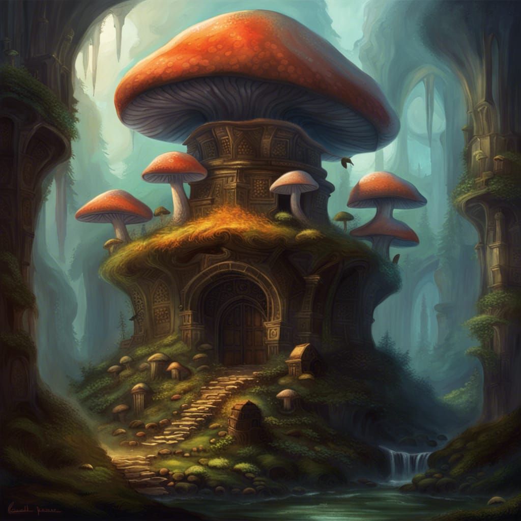 Mushroom Temple in a Fantasy Painting
