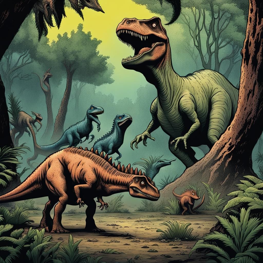 Dinosaurs in Prehistoric Forest Comic Book Illustration