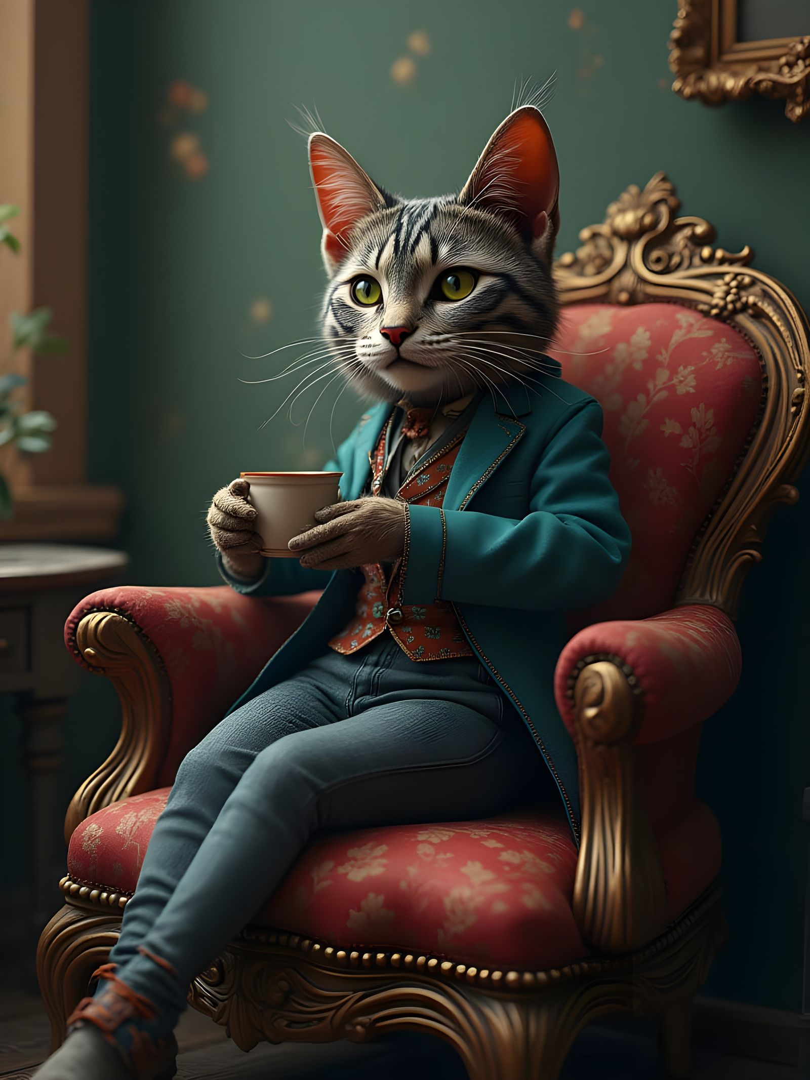 Mysterious Cheshire Cat Sips Tea in Ominous SF Masterpiece