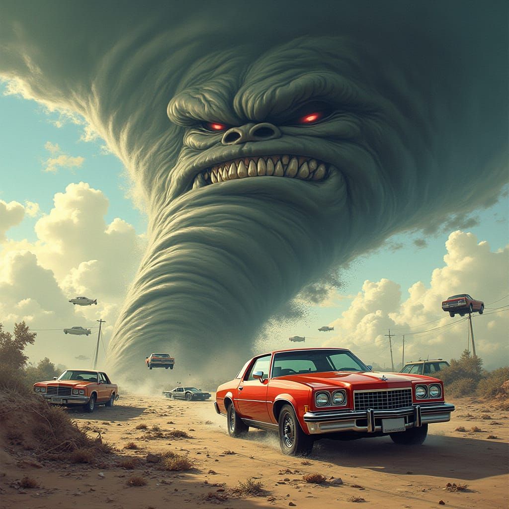 Aggressive Tornado Menace Devours Box Chevy Cars in Futurist...