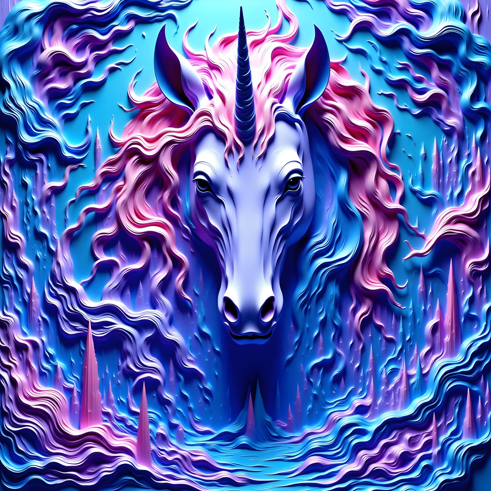 Escher Inspired Unicorn Portrait with Sculpted Shapes and Gr...