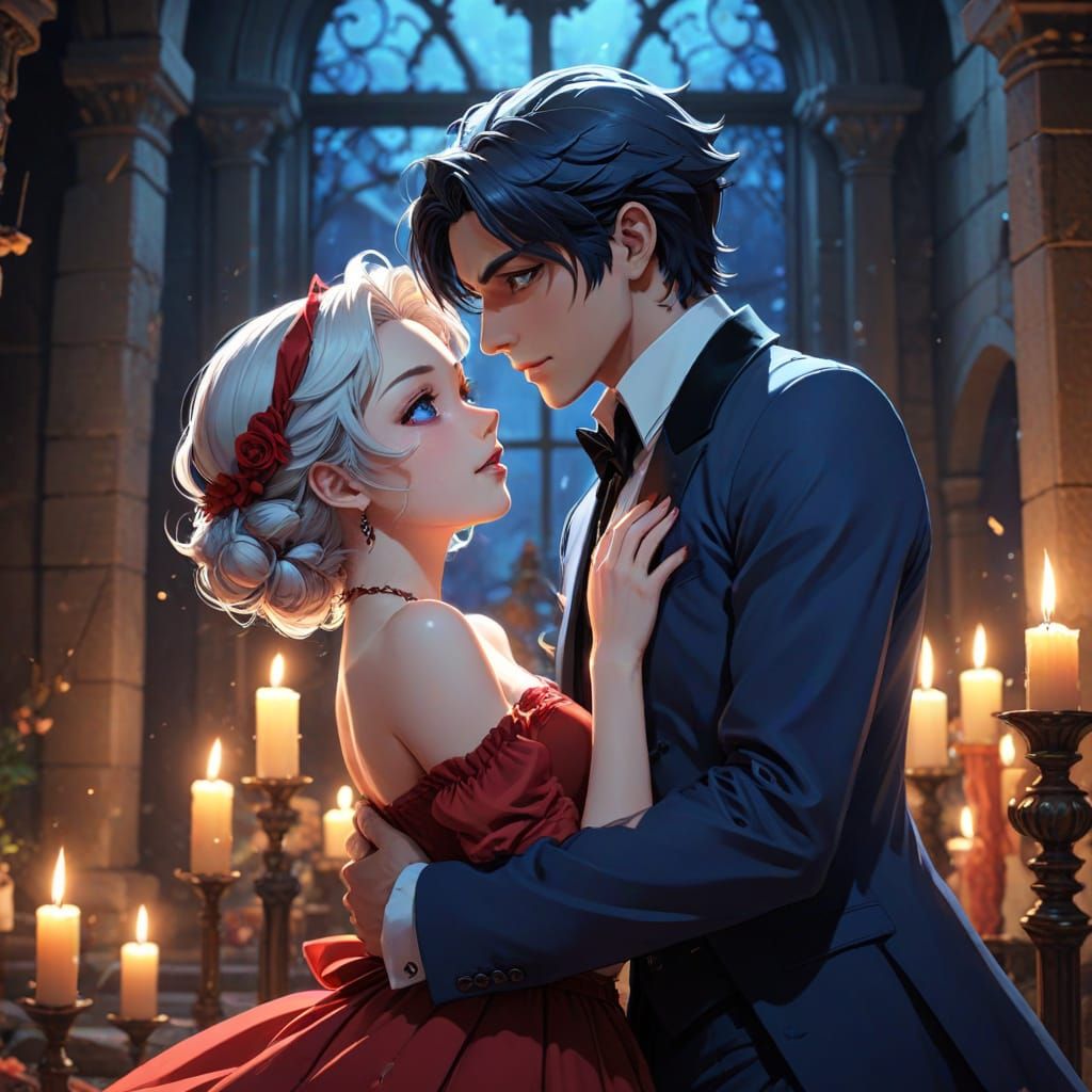 Couple Kissing at Midnight Haunted Ball in Anime Style