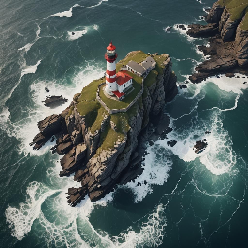 Lighthouse on Rugged Cliff: Drone Aerial Photography