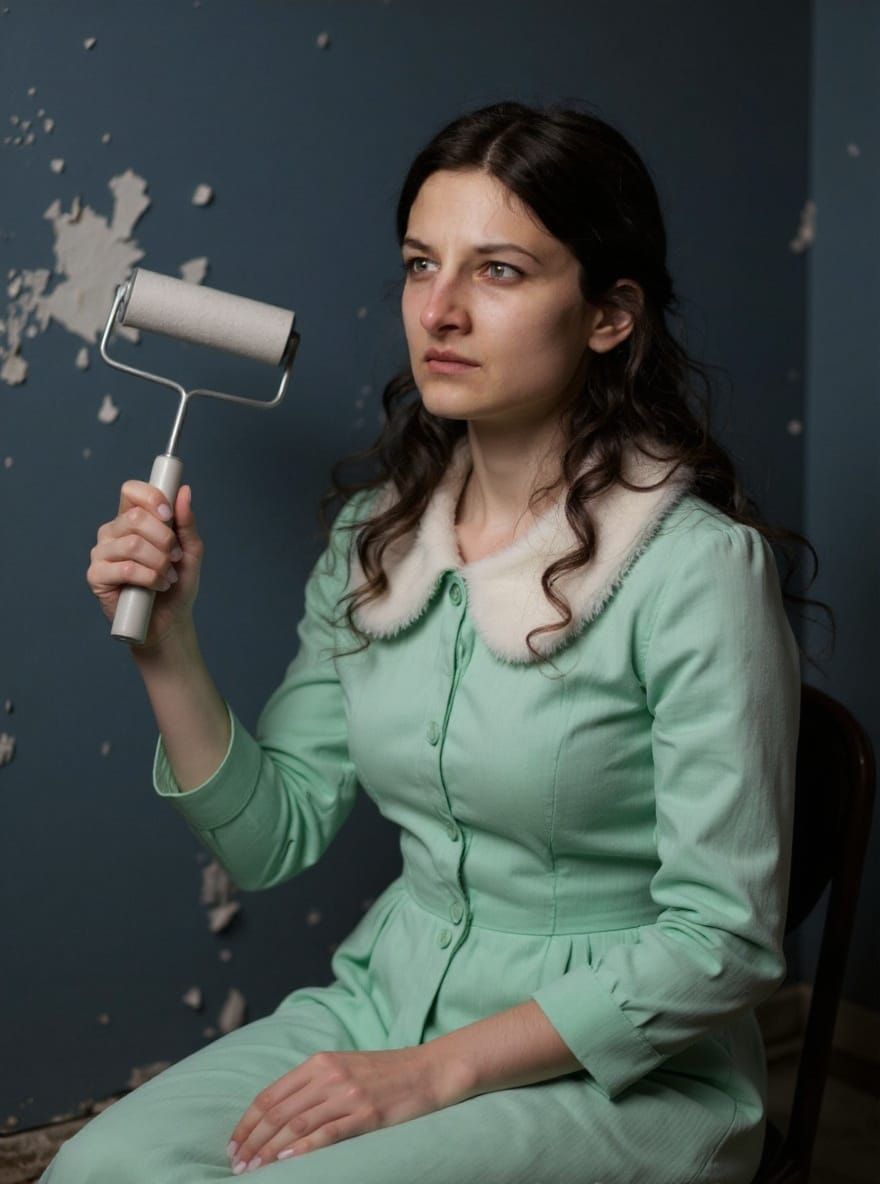 Woman in Mint Dress Painting a Flaking Blue Room