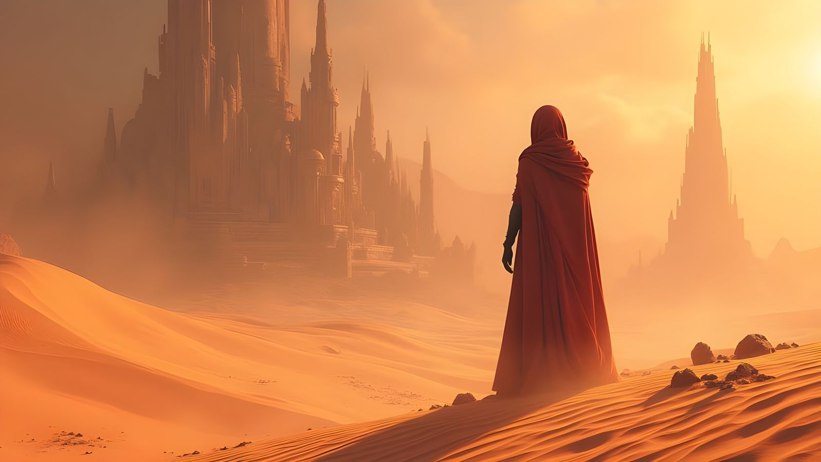 Surreal Desert Planet with Mystic Figure