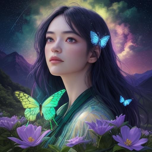 Woman in Valley Watches Meteor Shower: Photorealistic