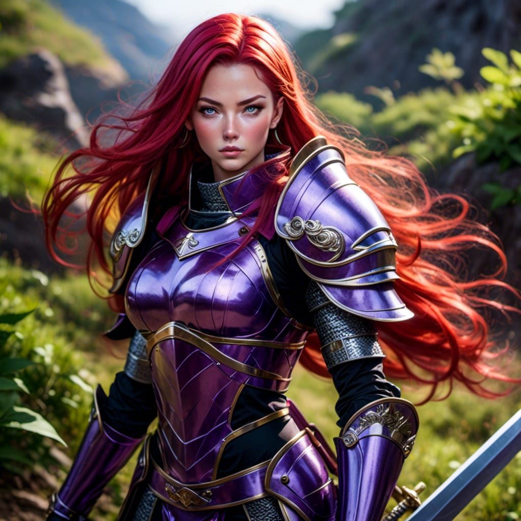 Female Knight with Neon Armor in Bush
