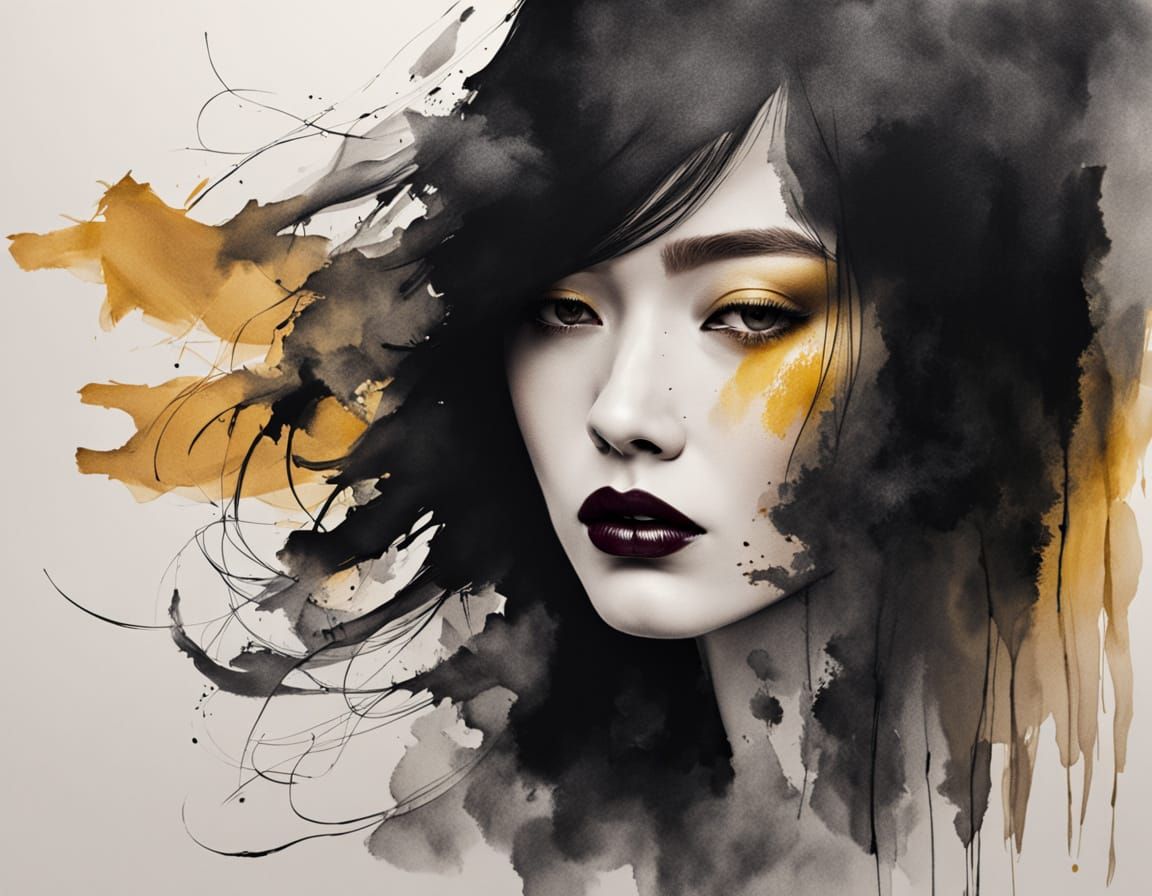 Mysterious Asian Woman in Japanese Ink Wash Style