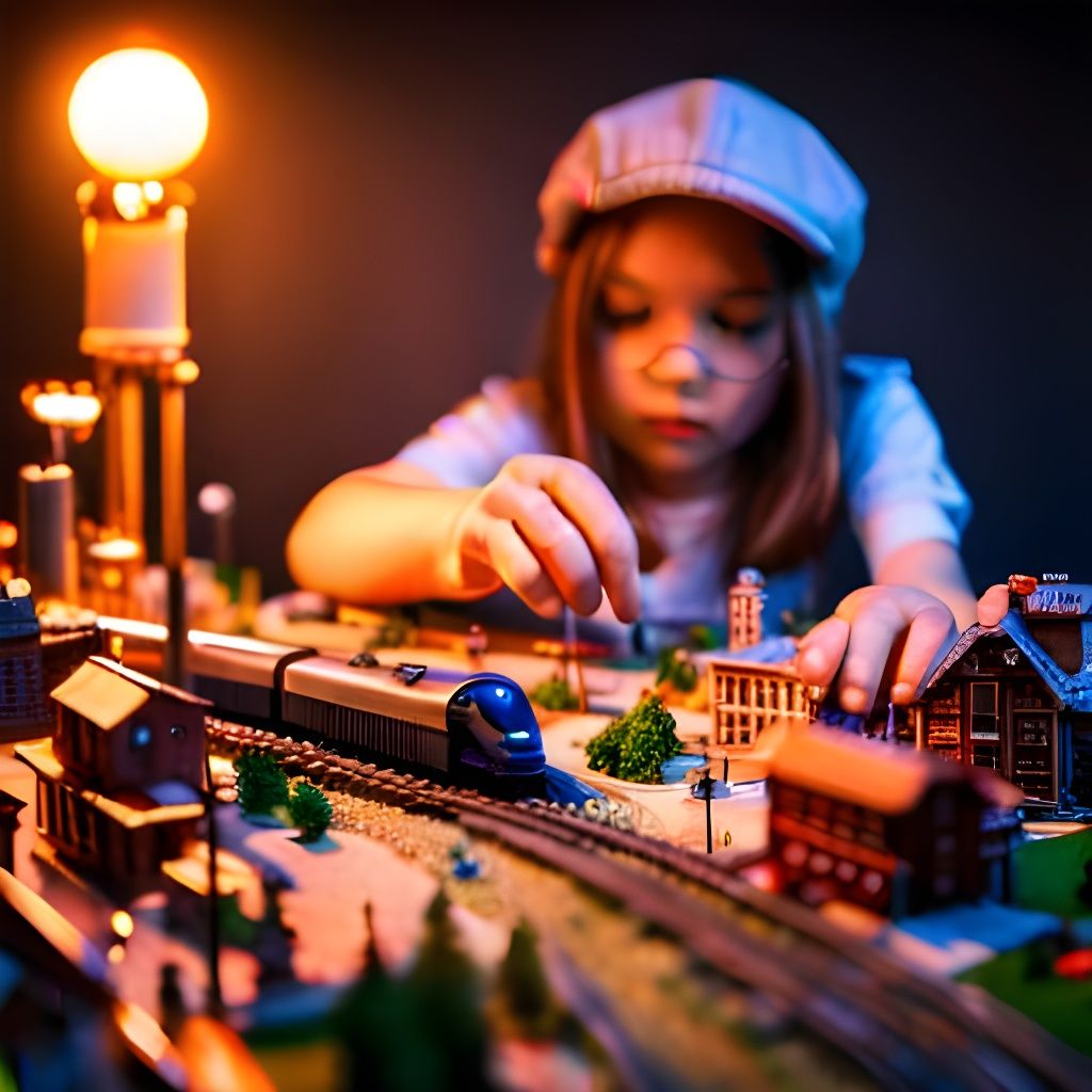 Girl Engineer Gazing at Miniature Railroad Model