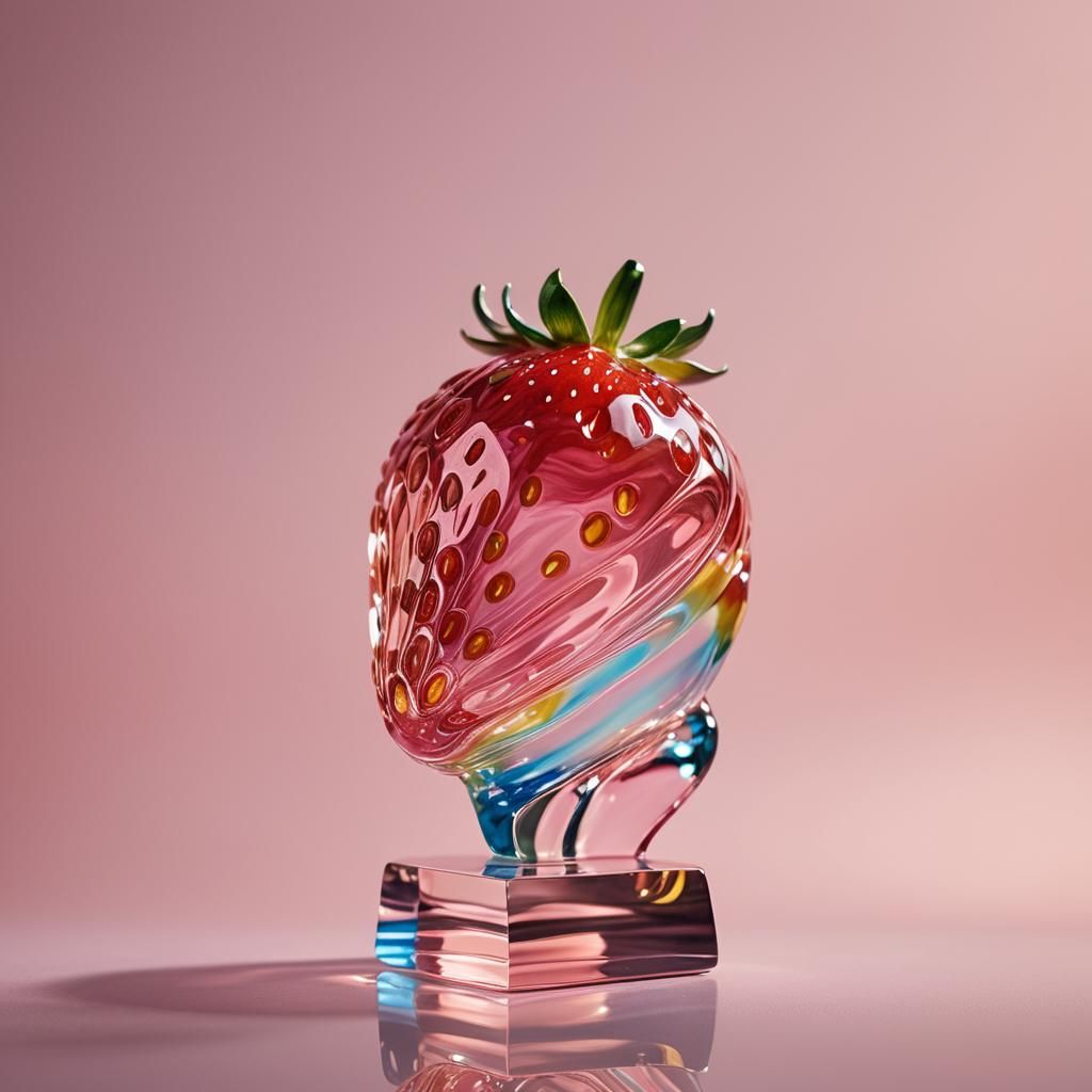 Glossy Pink Strawberry Glass Sculpture in 8k