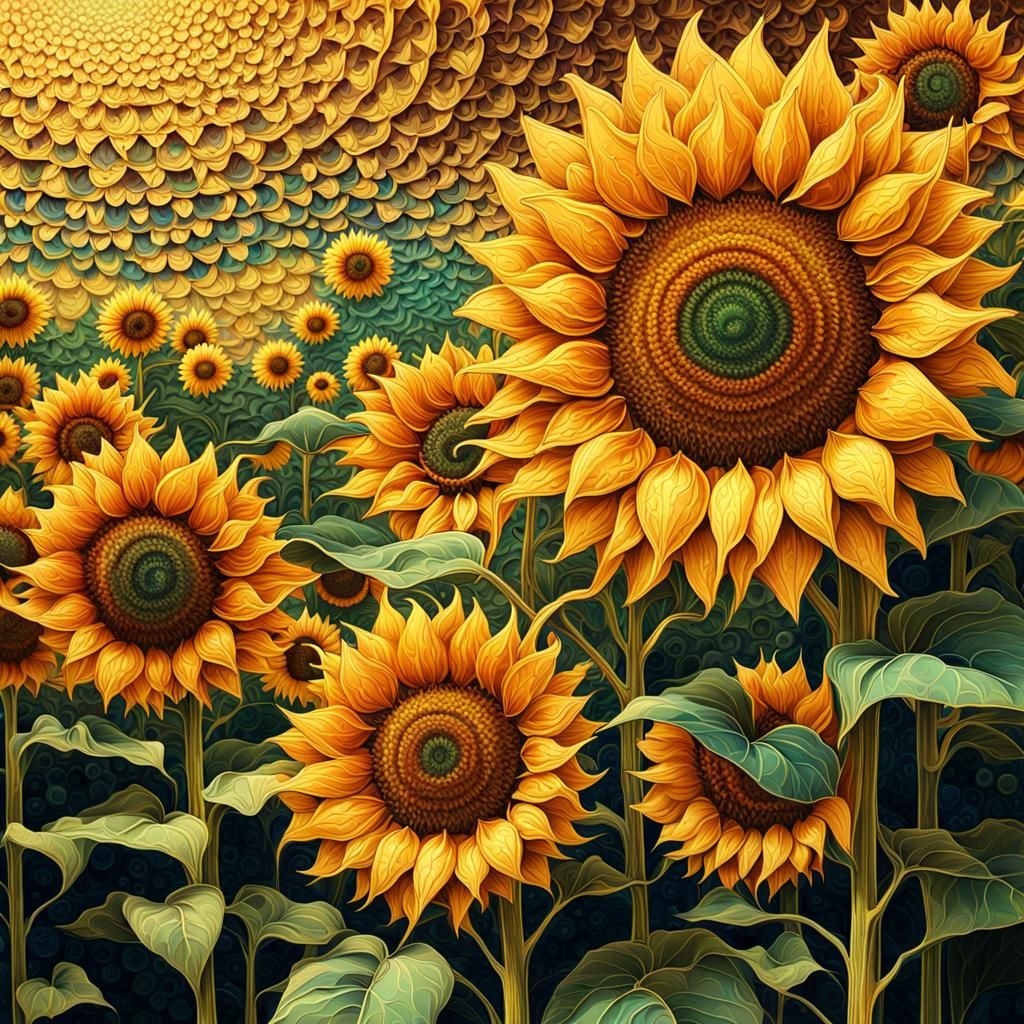 Pointillist Sunflowers in a Mystical Field