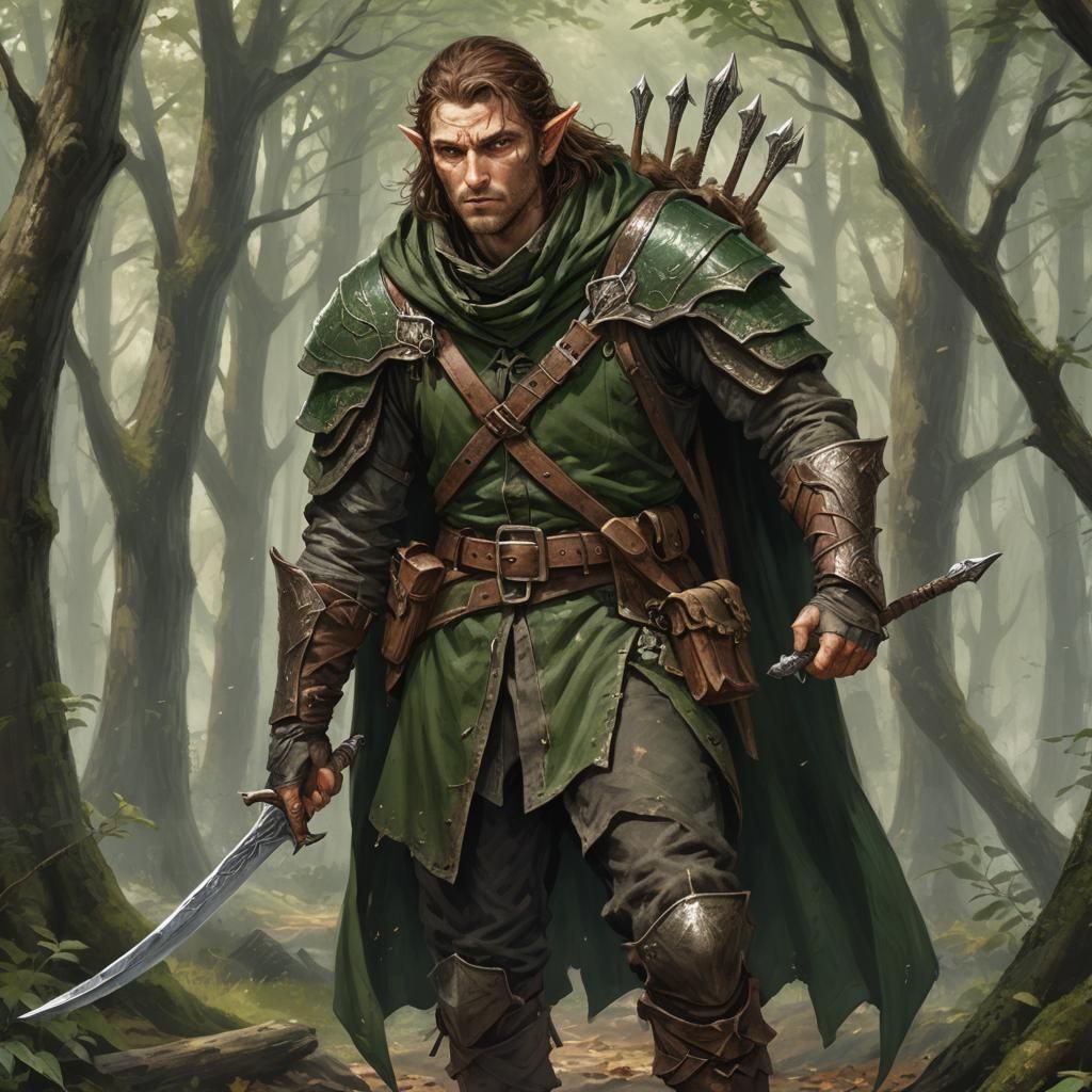 Dagger in his left hand A wood elf ranger with messy brown h...