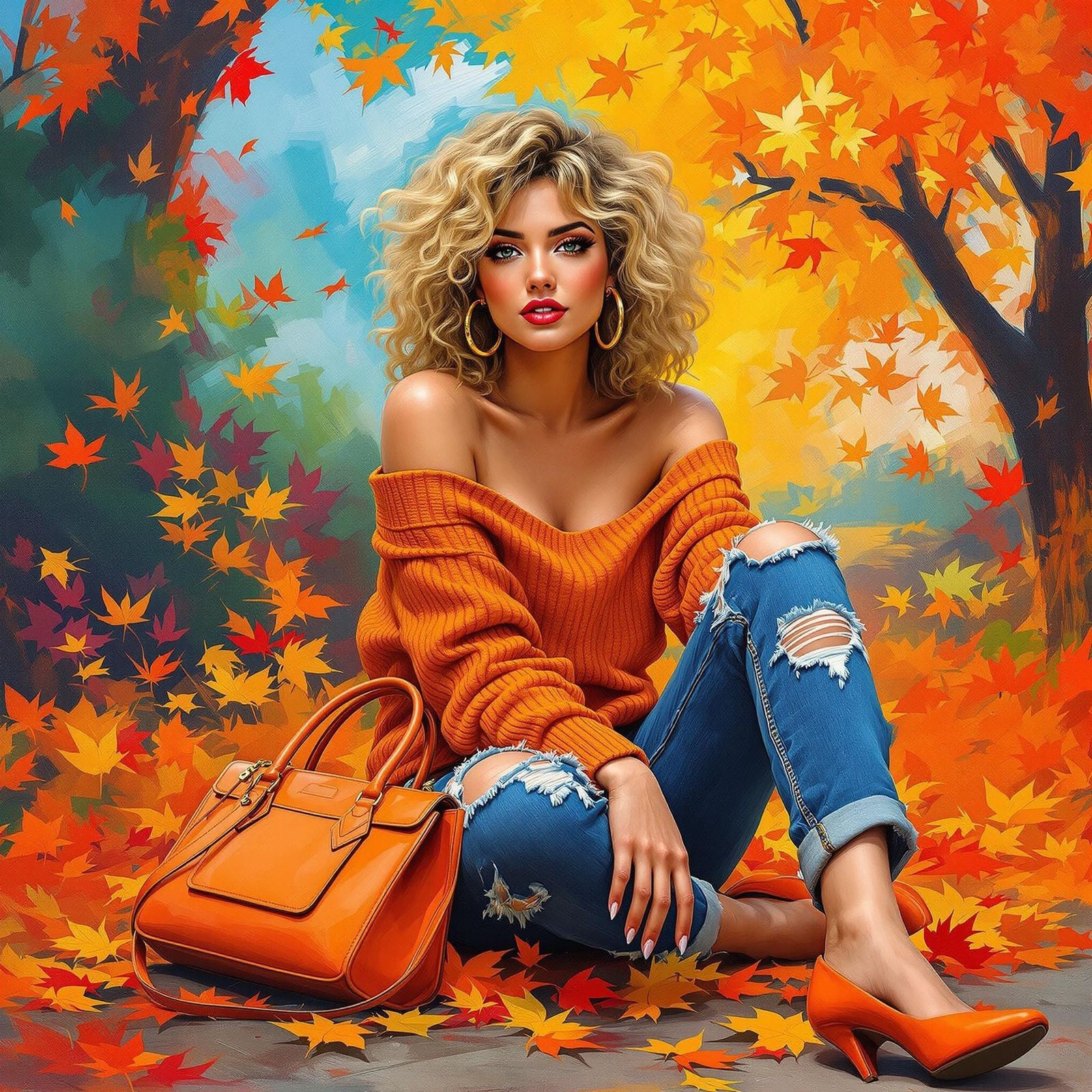 Woman in Vibrant Autumn Landscape with Expressive Brushstrok...