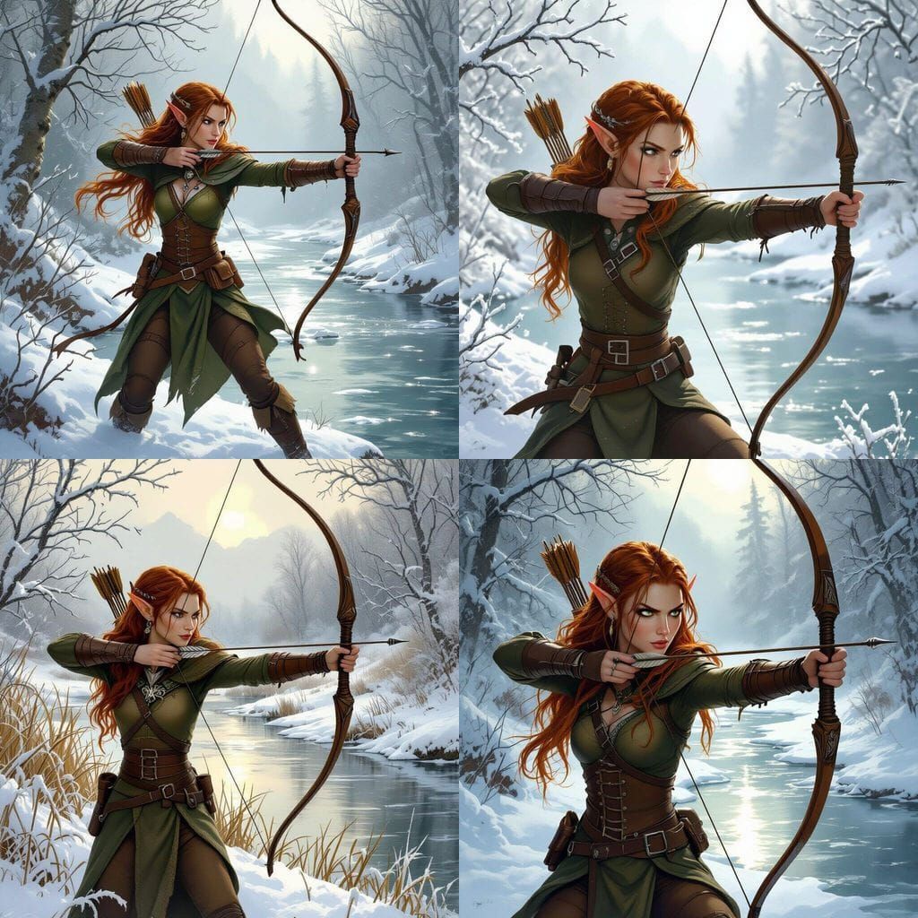 Elf Ranger Aims Longbow by Winter River