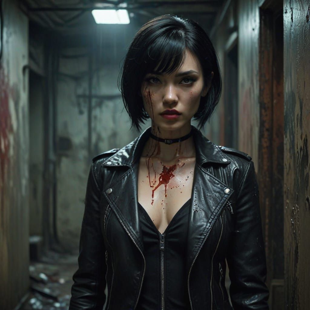 Mysterious Femme Fatale in Blood-Splattered Corridor