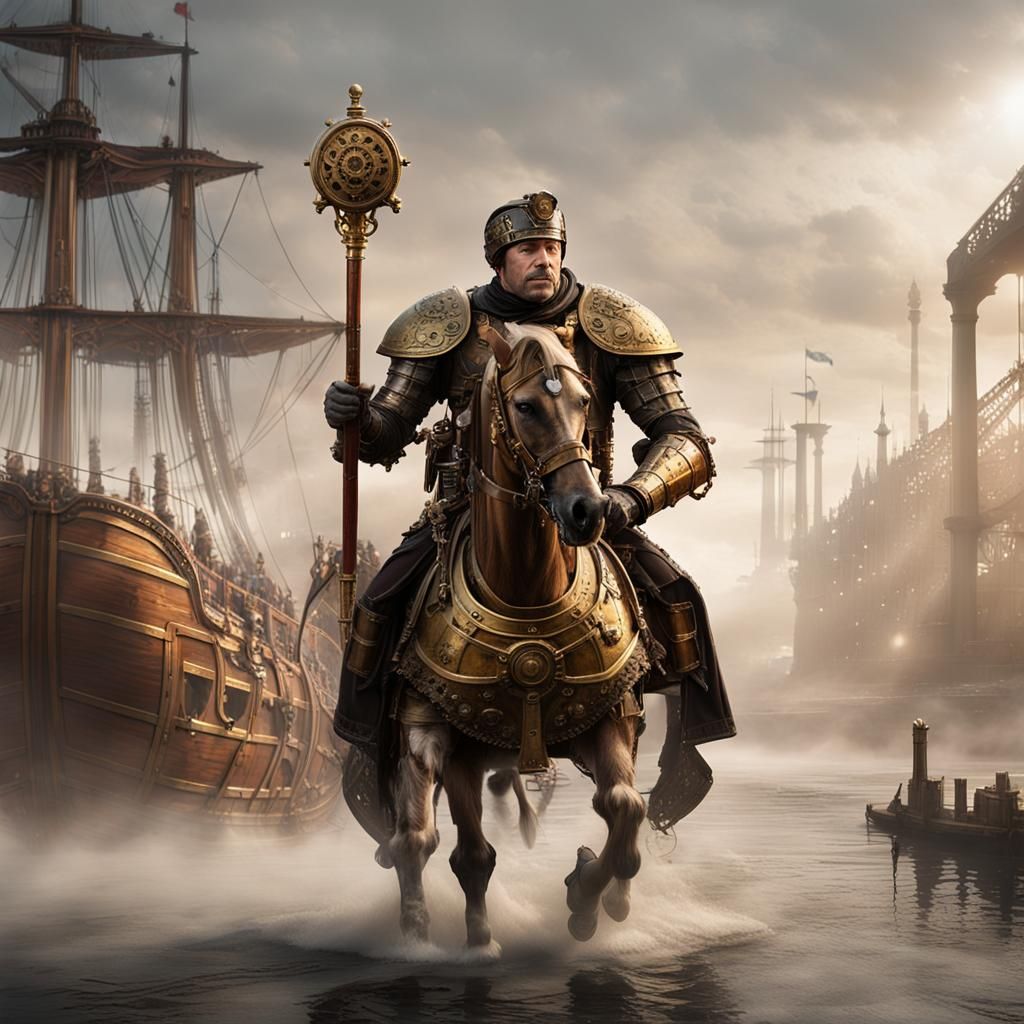 Steampunk Julius Caesar in Industrial Riverscape
