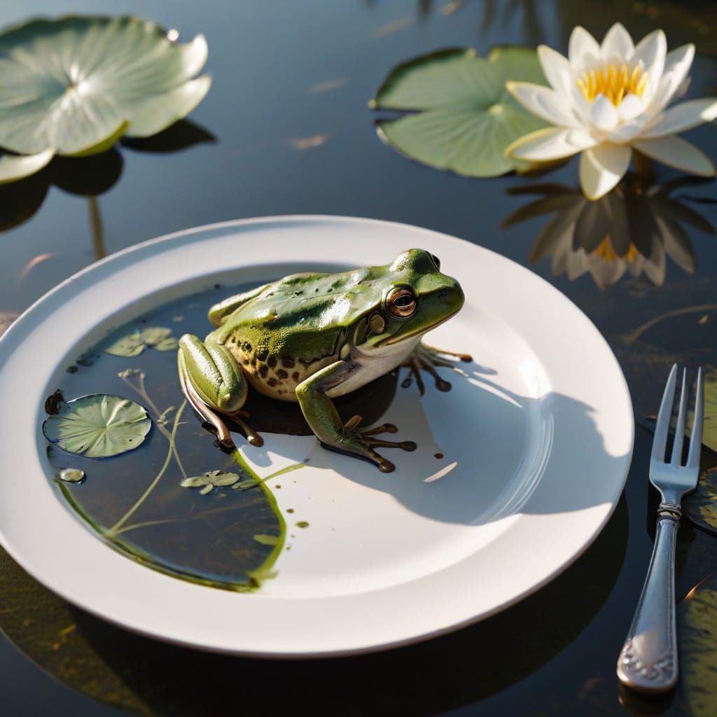 Hyperrealistic Frog on Plate with Water Lilies