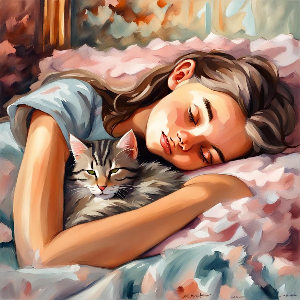 Girl Sleeping with Kitten in Gouache Style