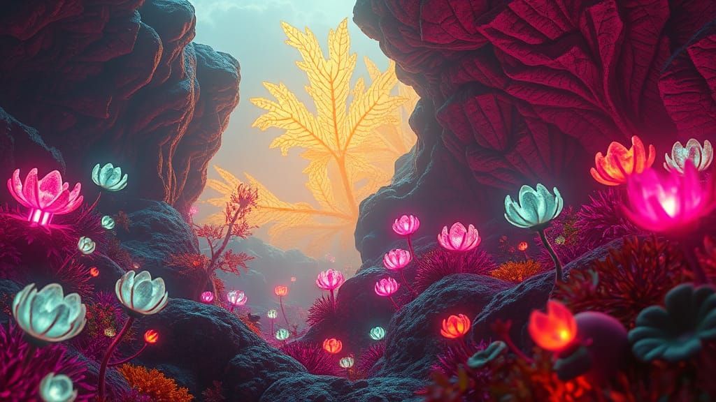 Ethereal Bioluminescent Landscape in Hyperrealistic Style