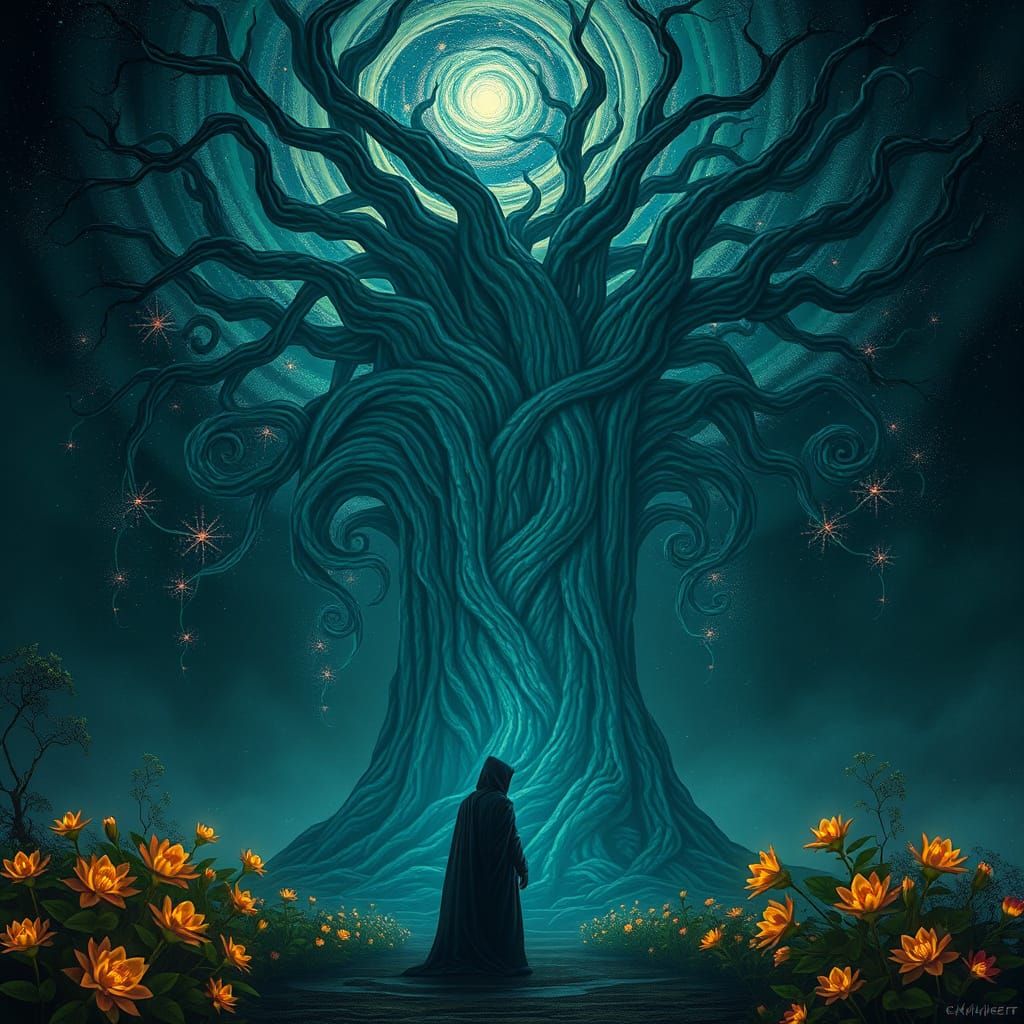 Bioluminescent Tree and Cloaked Figure in Fantasy Art