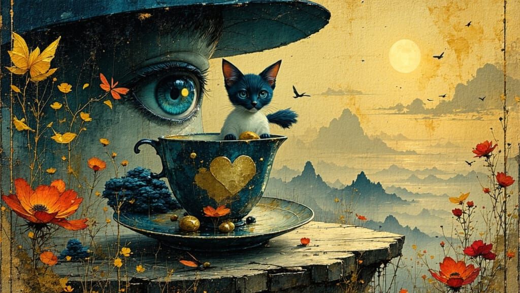 Whimsical Wizard Kitten in a Cosmic Tea Cup