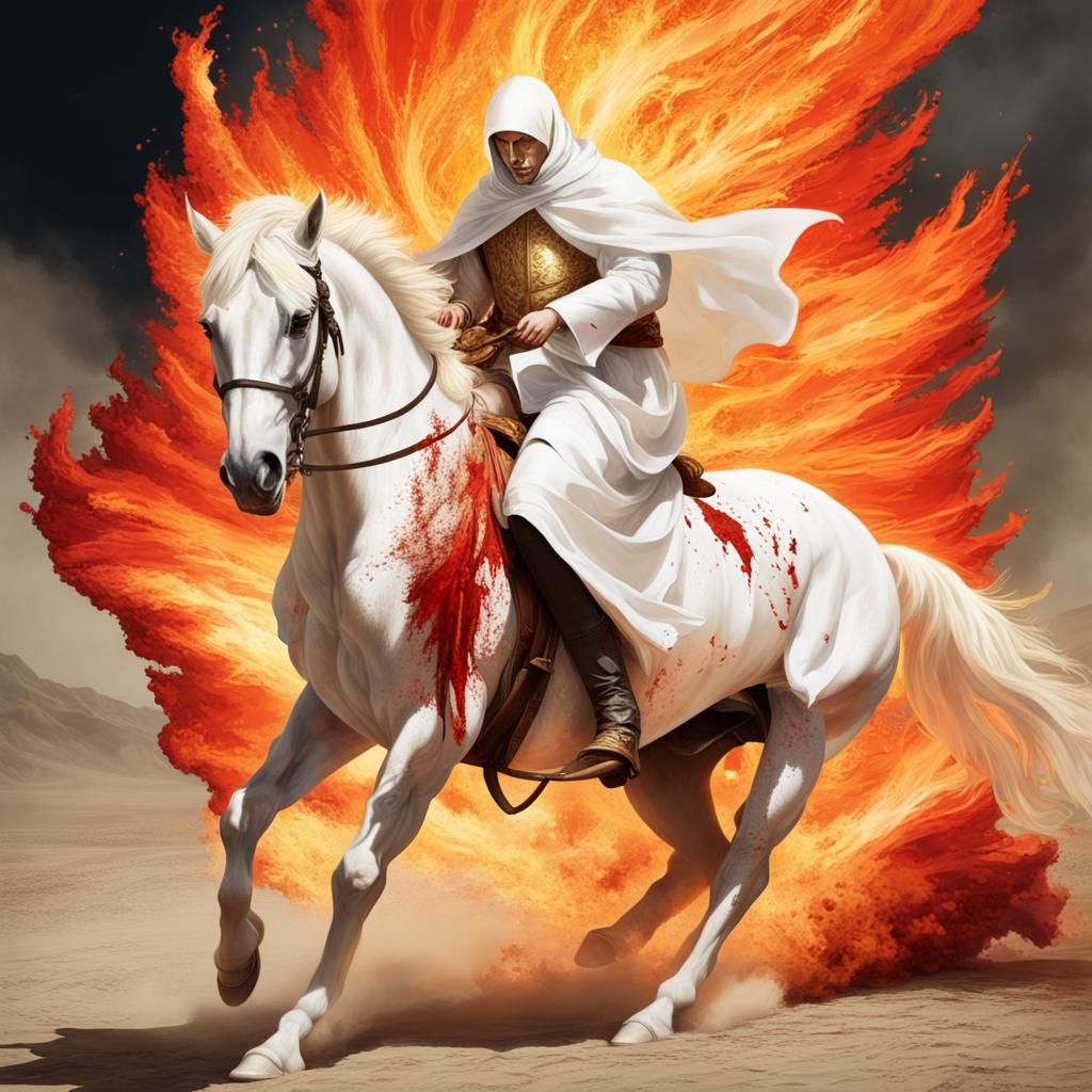 Man on White Horse Rides from Explosion