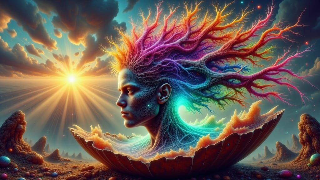 Ethereal Hatching: Floating Island in Storm, Fantasy Art