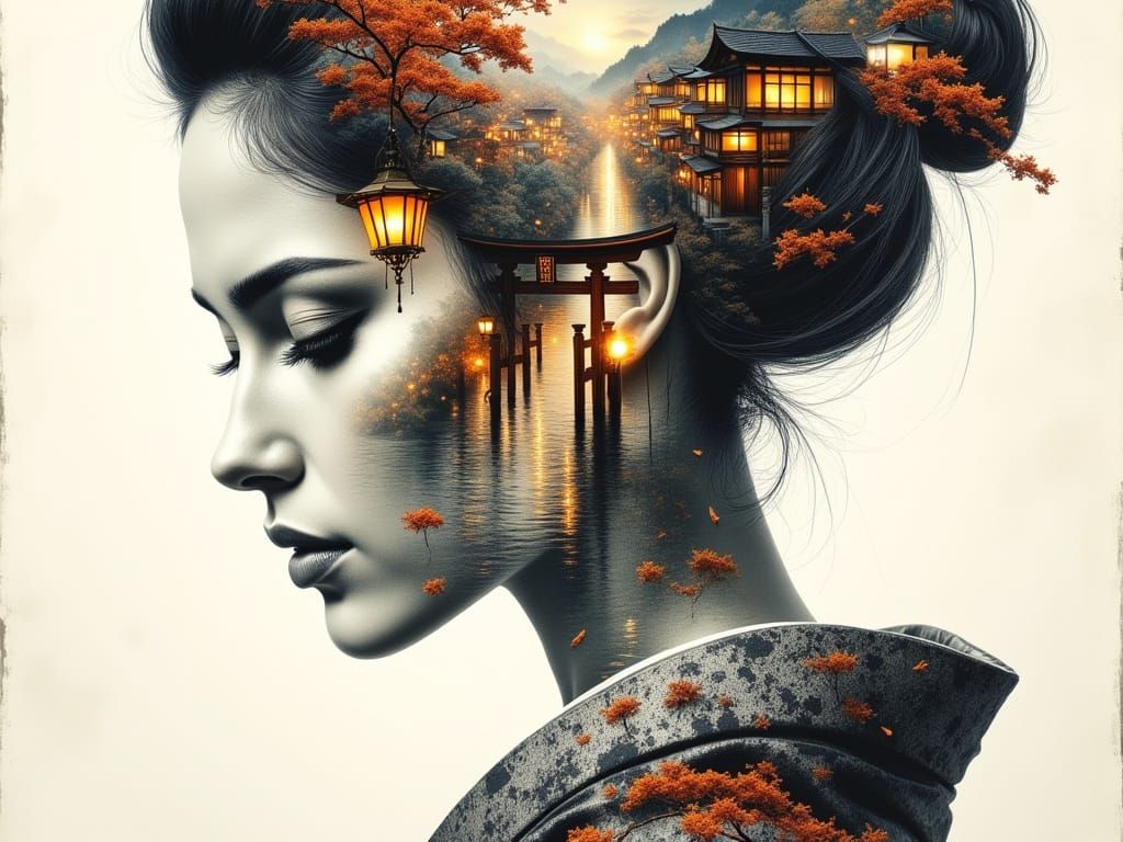 Serene Geisha in Golden Light: A Blend of Ancient and Modern