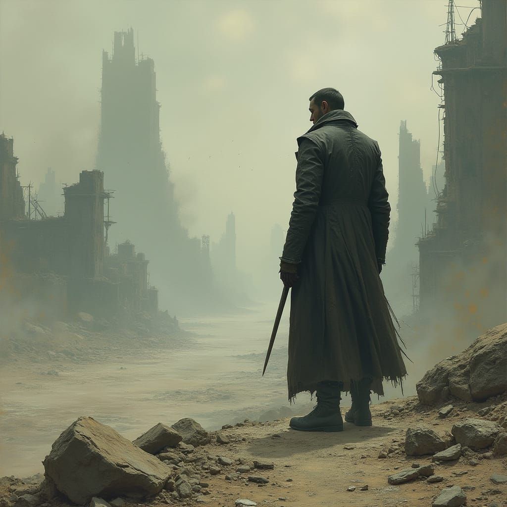 Post-Apocalyptic Figure in Dystopian Landscape