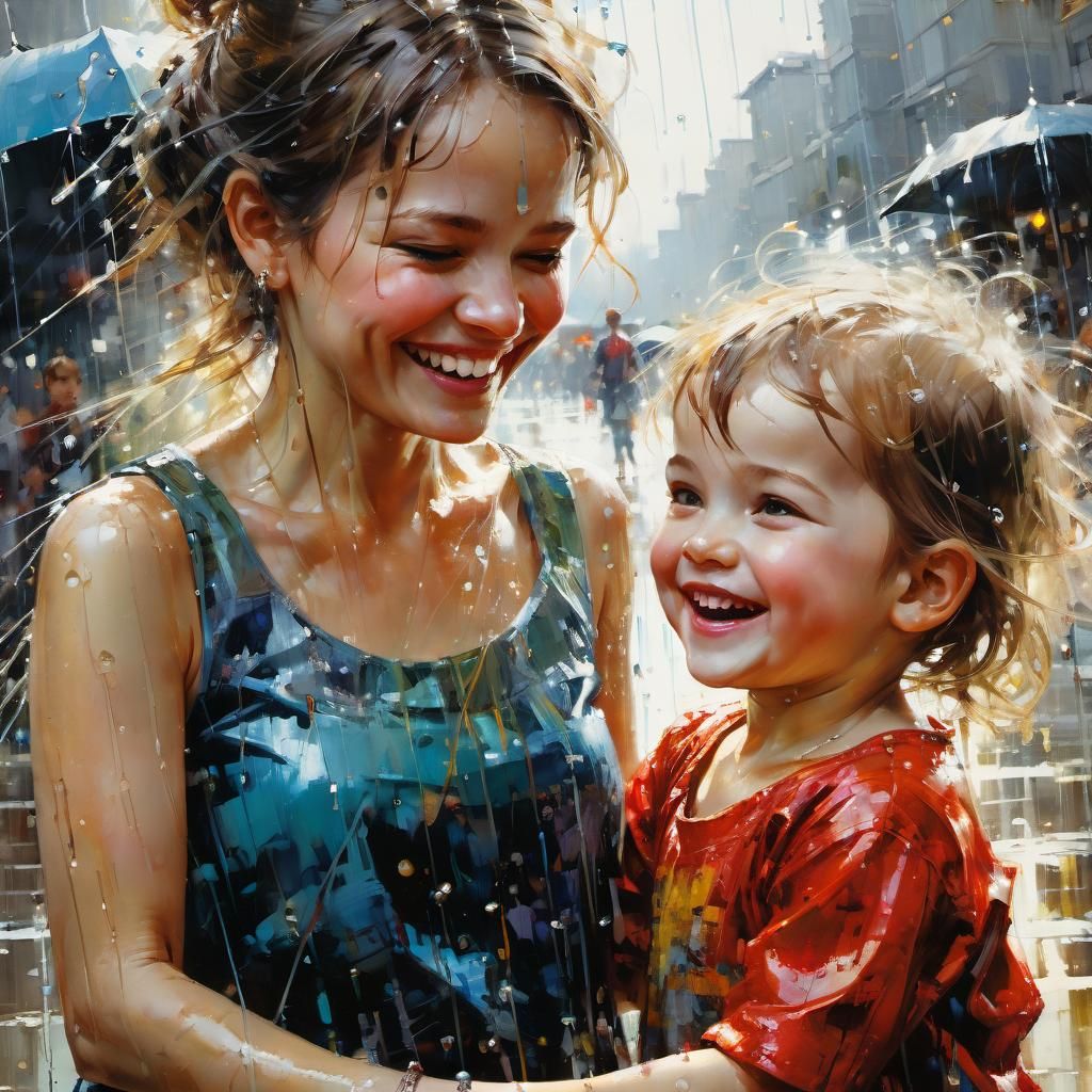 Joyful Mother and Child Playing in the Rain