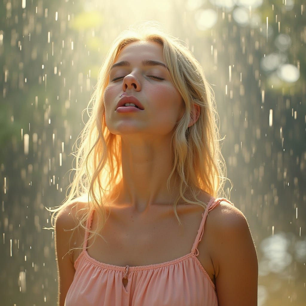 Young Woman Contemplates Rainy Moments in Sunlight