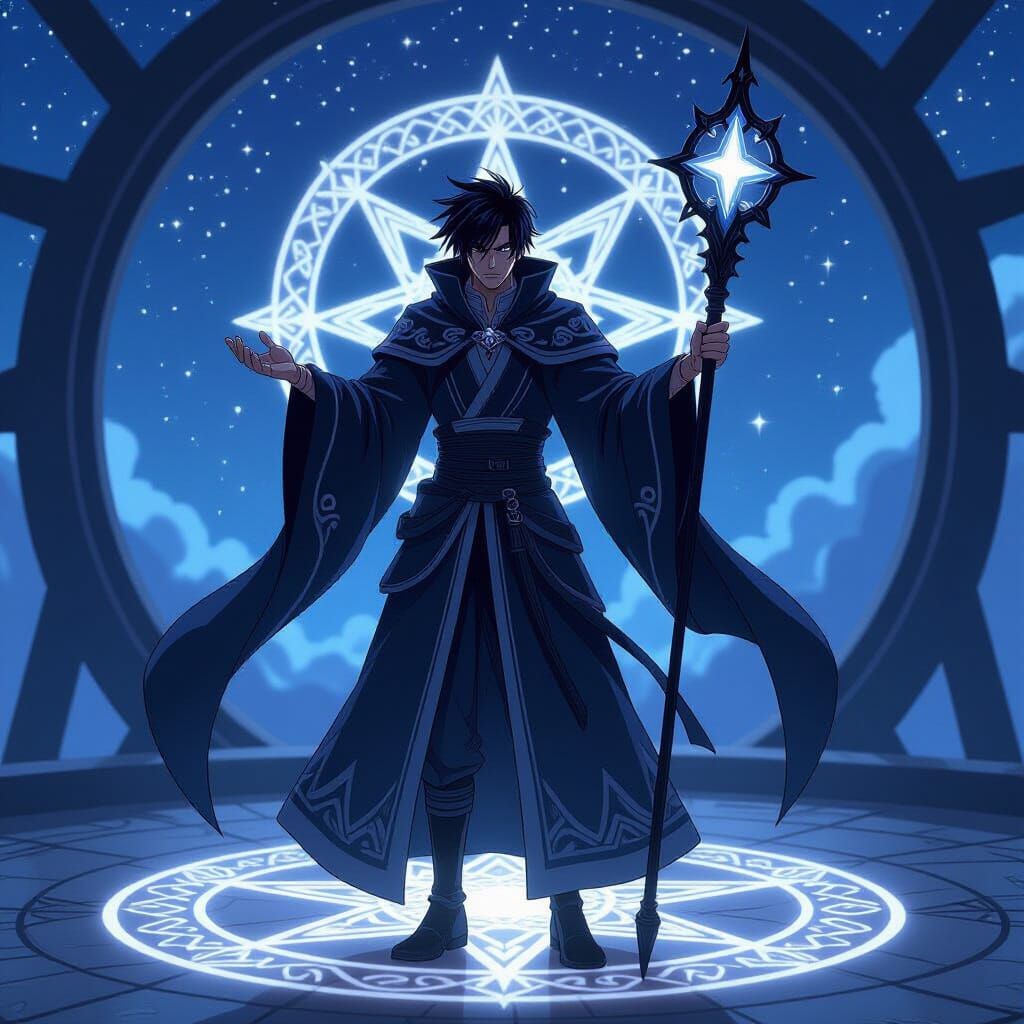 Anime Sorcerer in Magical Observatory, Cel-Shaded Style