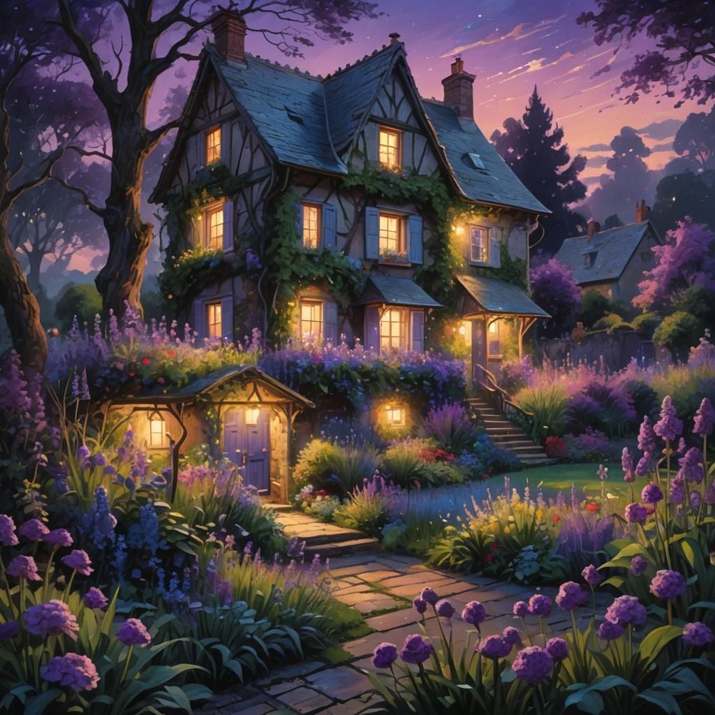 Impressionistic Cottage Garden at Twilight