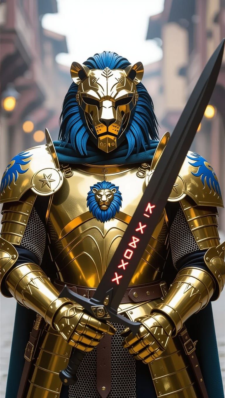 Knight in Gritty Sci-Fi Armor with Lion Helmet and Sword