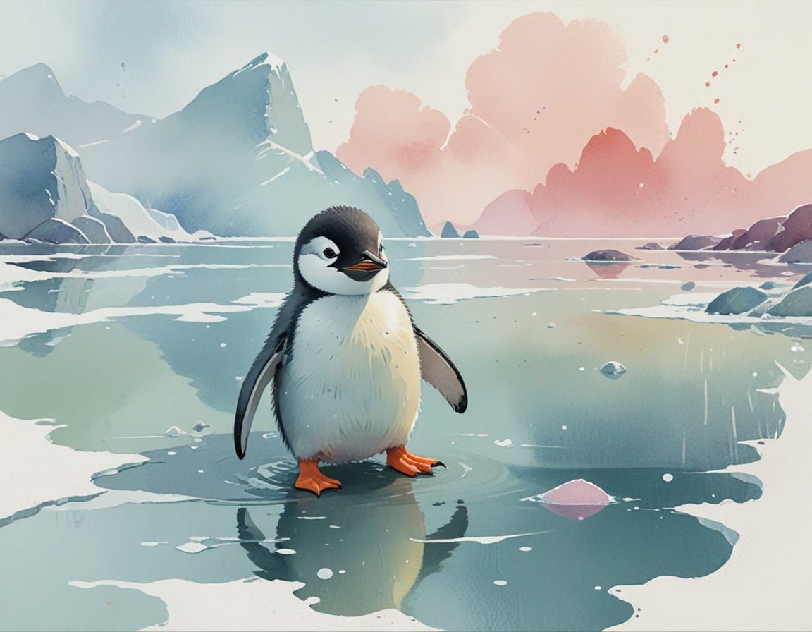 Penguin Chick on Ice, Watercolor and Gouache